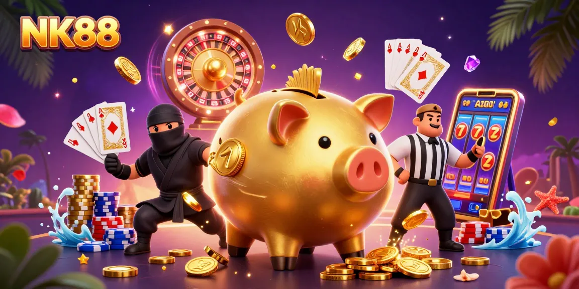 Engaging scene depicting NK88 with golden piggy bank, coins, and lively casino elements.