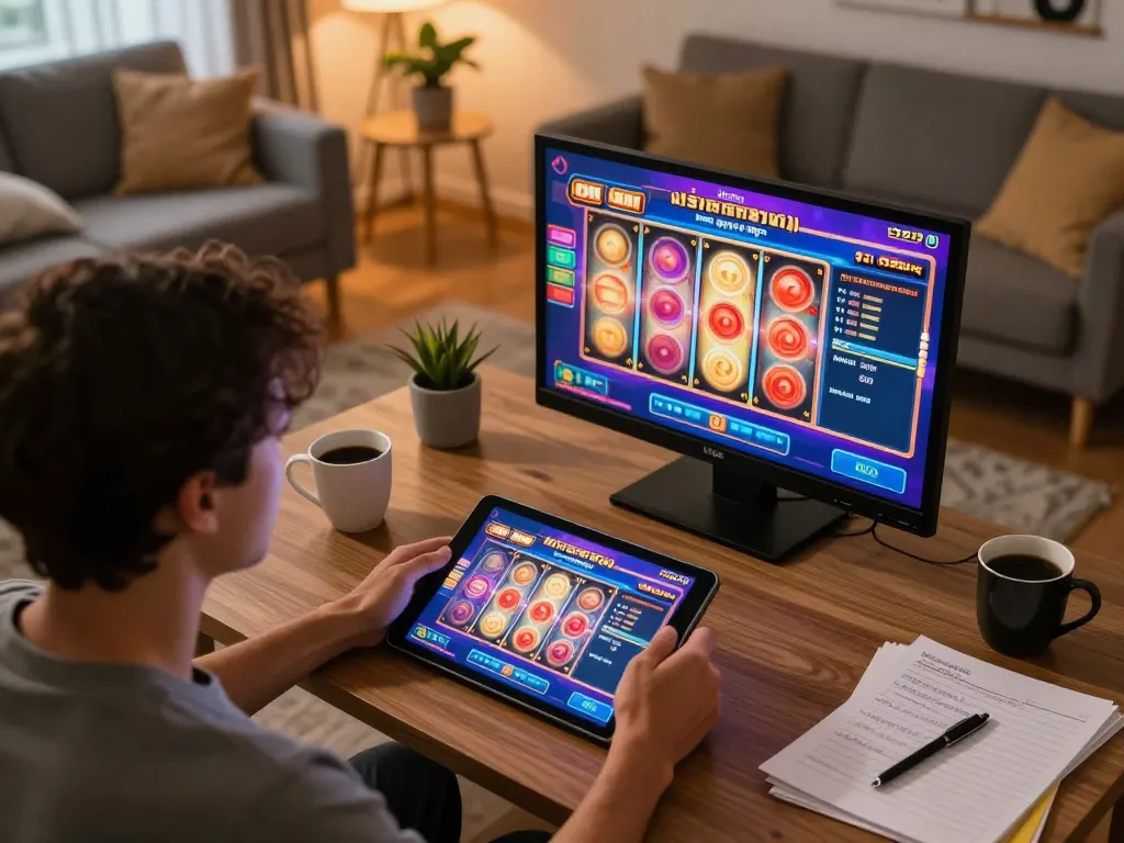 Player enjoying สล็อต on a tablet at home, showing engaging gameplay and strategy notes
