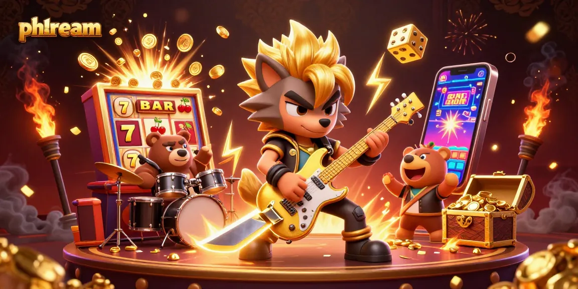 Experience phdream excitement with a lively casino scene featuring a rock star wolf and a drummer bear amid explosive jackpots.