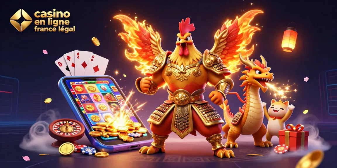 Offre de jeux dans un casino en ligne légal en France avec un combattant et un dragon en illustration.