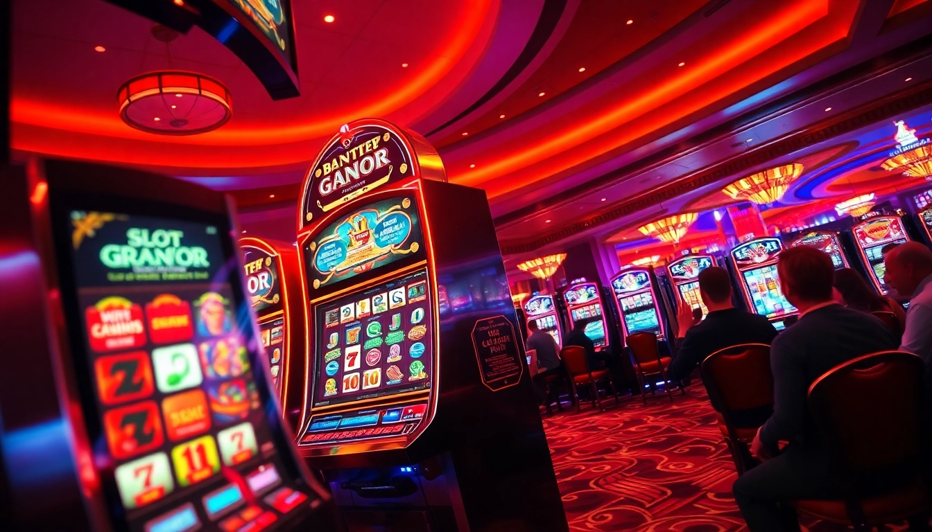 Menampilkan pemain yang menikmati bandar slot gacor di mesin slot mewah dengan cahaya berkilau.