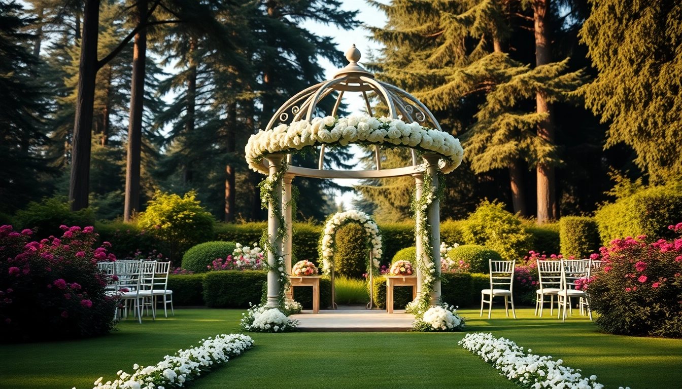 Verlovende Paartjes trots tijdens hun locatie hochzeit in een romantische tuin vol bloemen.
