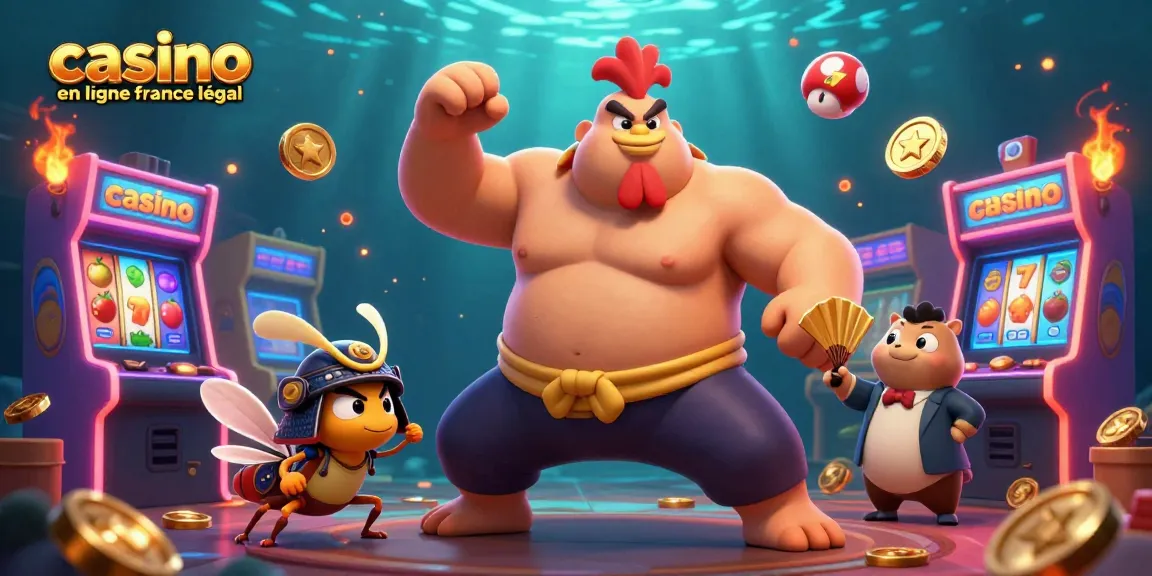 Un jeu de casino captivant avec "casino en ligne France légal", illustrant un sumo, un grillon et un tanuki dans une scène dynamique.