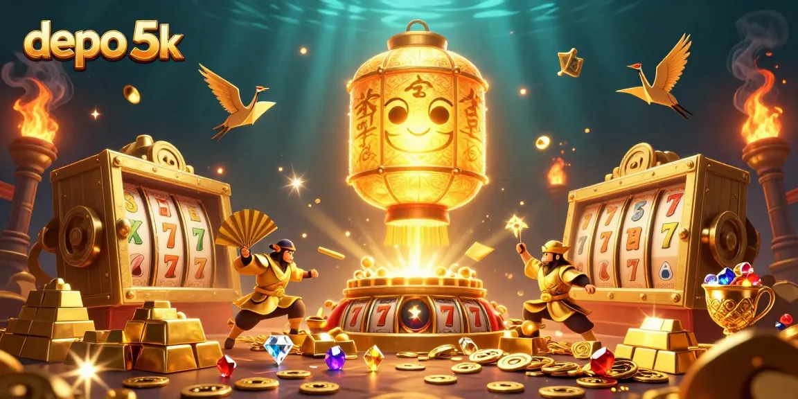 Play slots at depo 5k, showcasing golden treasures, lucky symbols, and vibrant casino characters.