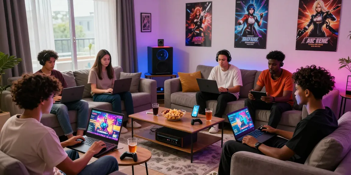 Gamers enjoying online ecchi games on various devices in a stylish living room.