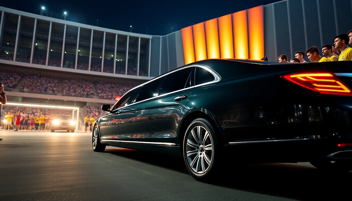 World Cup Group Transportation in a luxury limousine outside the stadium during a lively event.