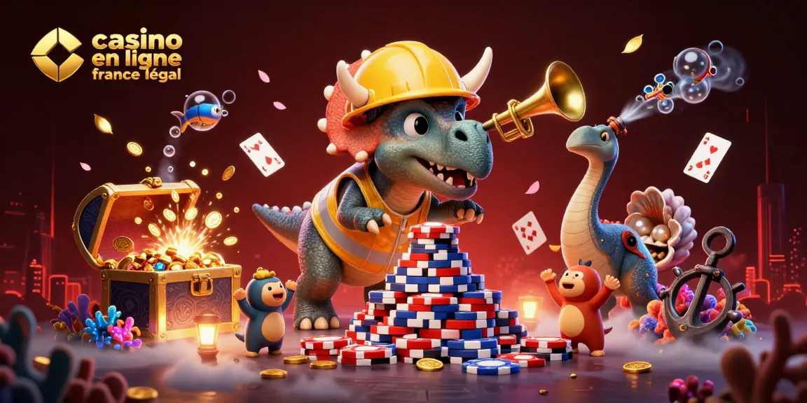 Célébrez le casino en ligne France légal avec un triceratops construisant des jetons de poker dans une scène animée et joyeuse.