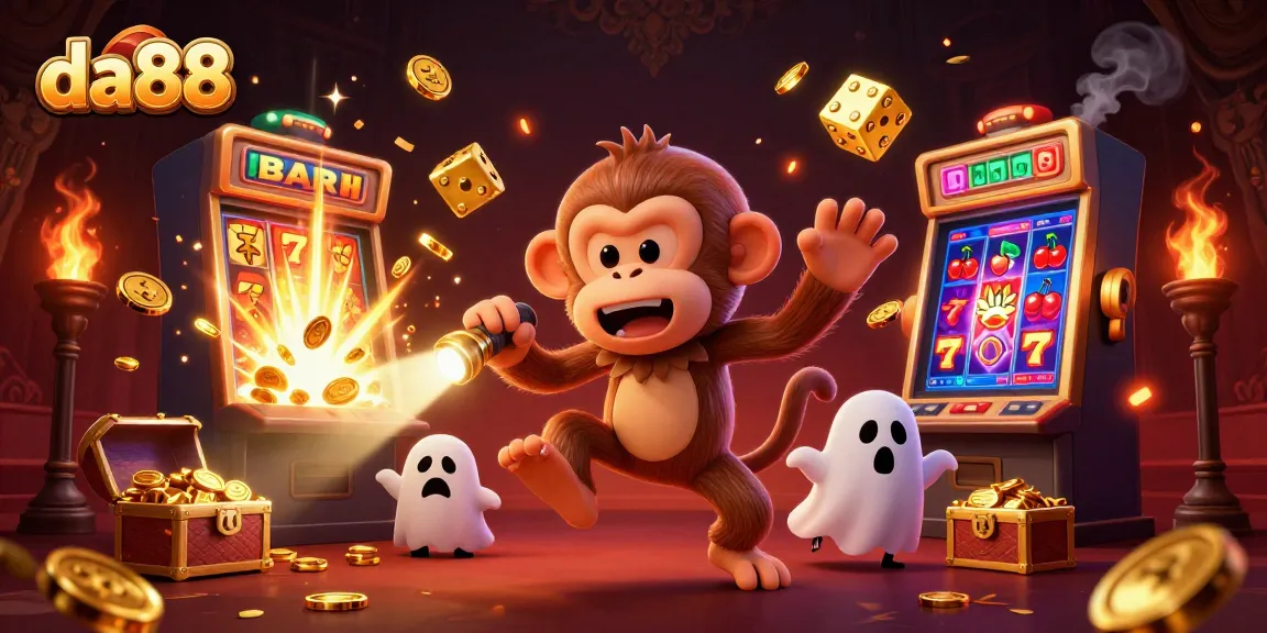 Engage with the festive casino action at da88, showcasing a playful ghost monkey amidst slot jackpots.