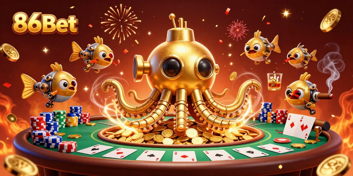 Bettors engage with 86Bet in a vibrant casino scene filled with golden coins and poker elements.
