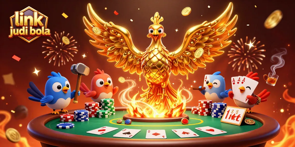 Experience the thrill of link judi bola with a dynamic scene of a golden phoenix and poker elements.