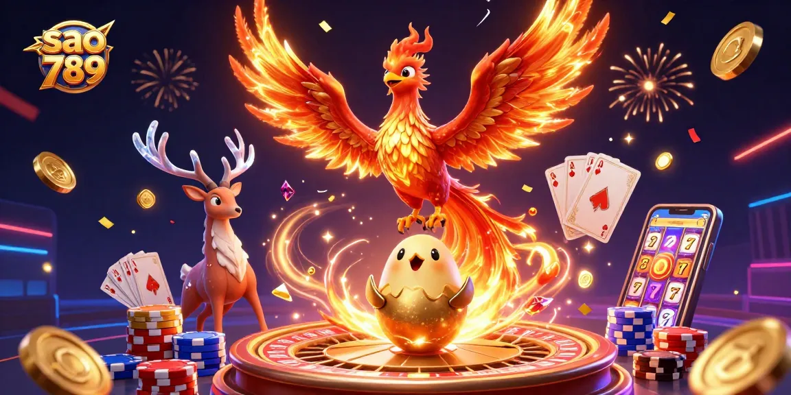 Play slots at sao 789 while a phoenix and stag celebrate with coins and winnings.