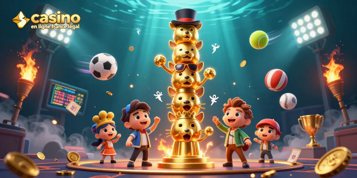 Découvrez l'univers du casino en ligne France légal avec des personnages animés et des éléments sportifs.