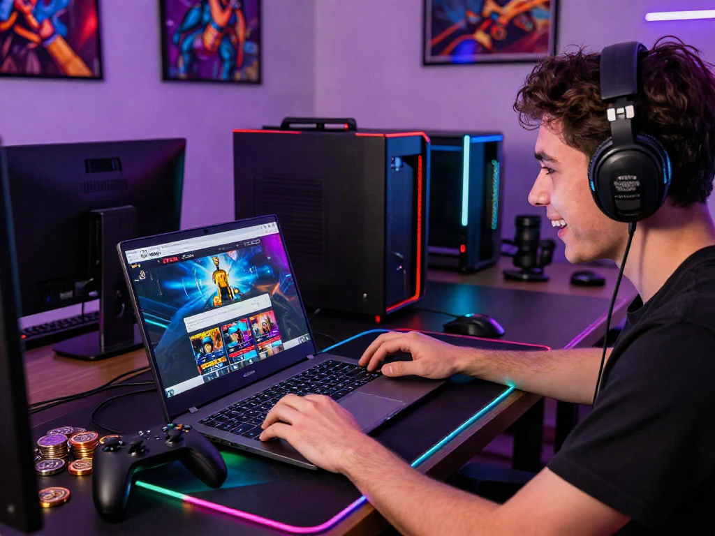 Excited player enjoying situs casino online gaming with high-tech setup and colorful LED lights.
