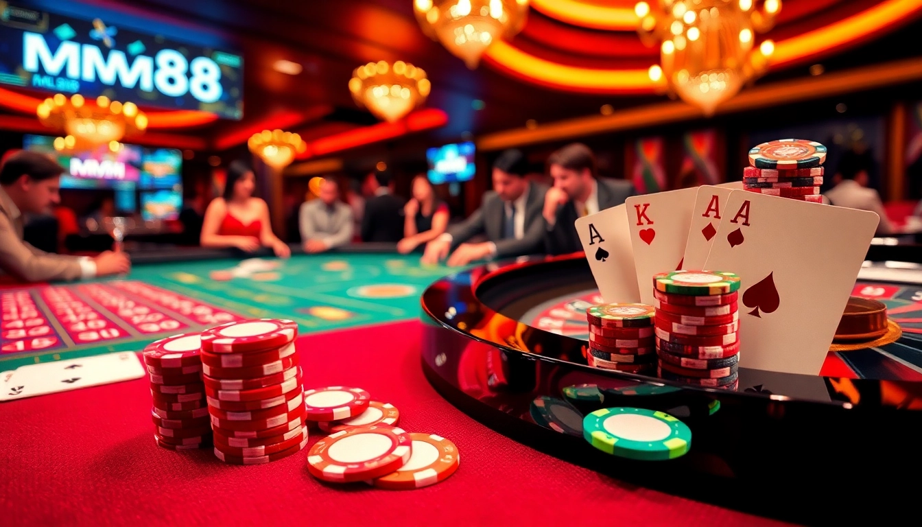 Players enjoying a thrilling roulette game at Nhà cái MM88 casino, showcasing vibrant colors and action-packed gambling.