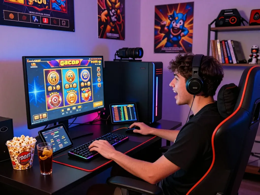 Player enjoying slot gacor hari ini on a vibrant gaming setup with snacks and strategies.