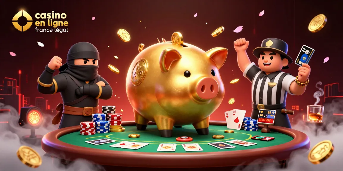 Illustration colorée d'un sumo géant avec une tirelire et un samouraï, représentant le casino en ligne France légal.