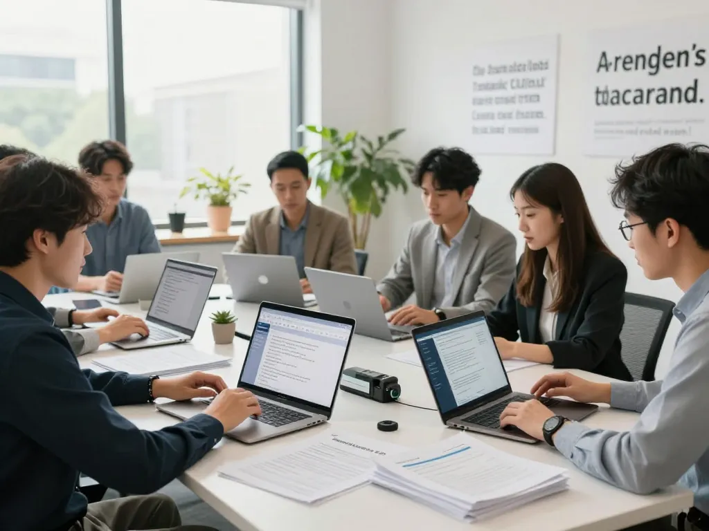 团队在明亮的办公室内协作使用先进的有道翻译工具