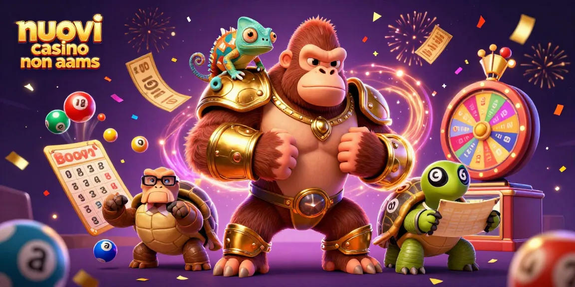 Scopri i nuovi casino non AAMS con l'illustrazione affascinante di un gorilla, un camaleonte e una tartaruga, immersi nel mondo del gioco.