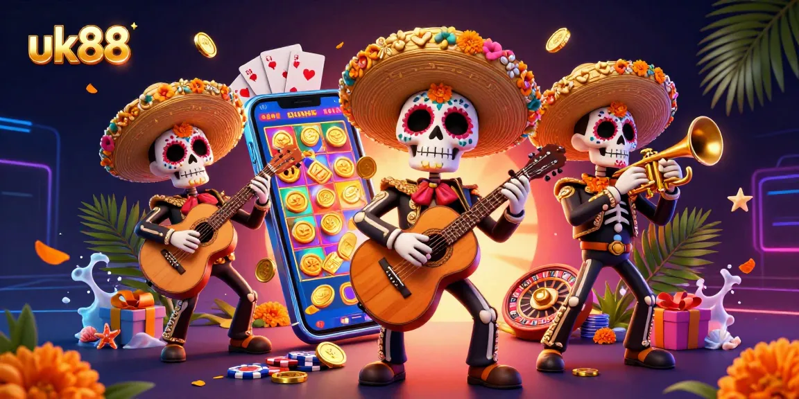 Experience thrilling wins at uk88 as a vibrant mariachi band celebrates with casino games.