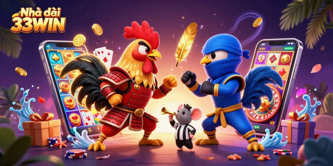 Engage with the action at Nhà cái 33WIN, showcasing twin fighting roosters in an electrifying casino scene filled with game elements.