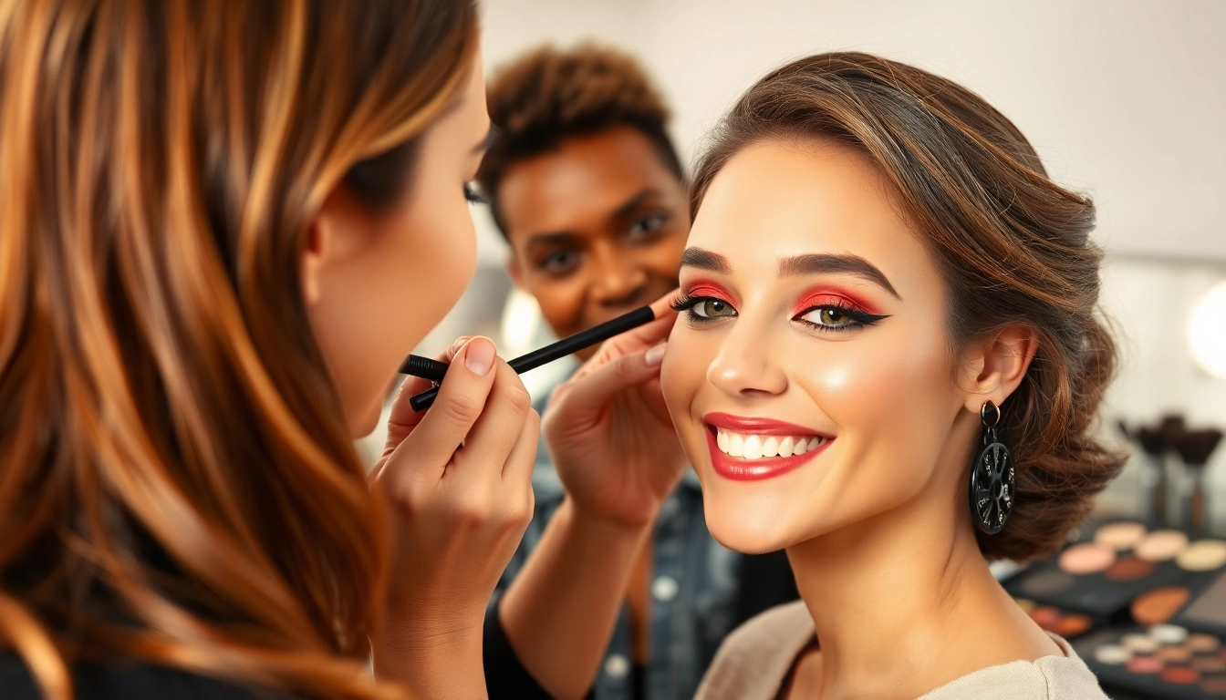 Master makeup courses in action with a professional applying vibrant cosmetics on a model.