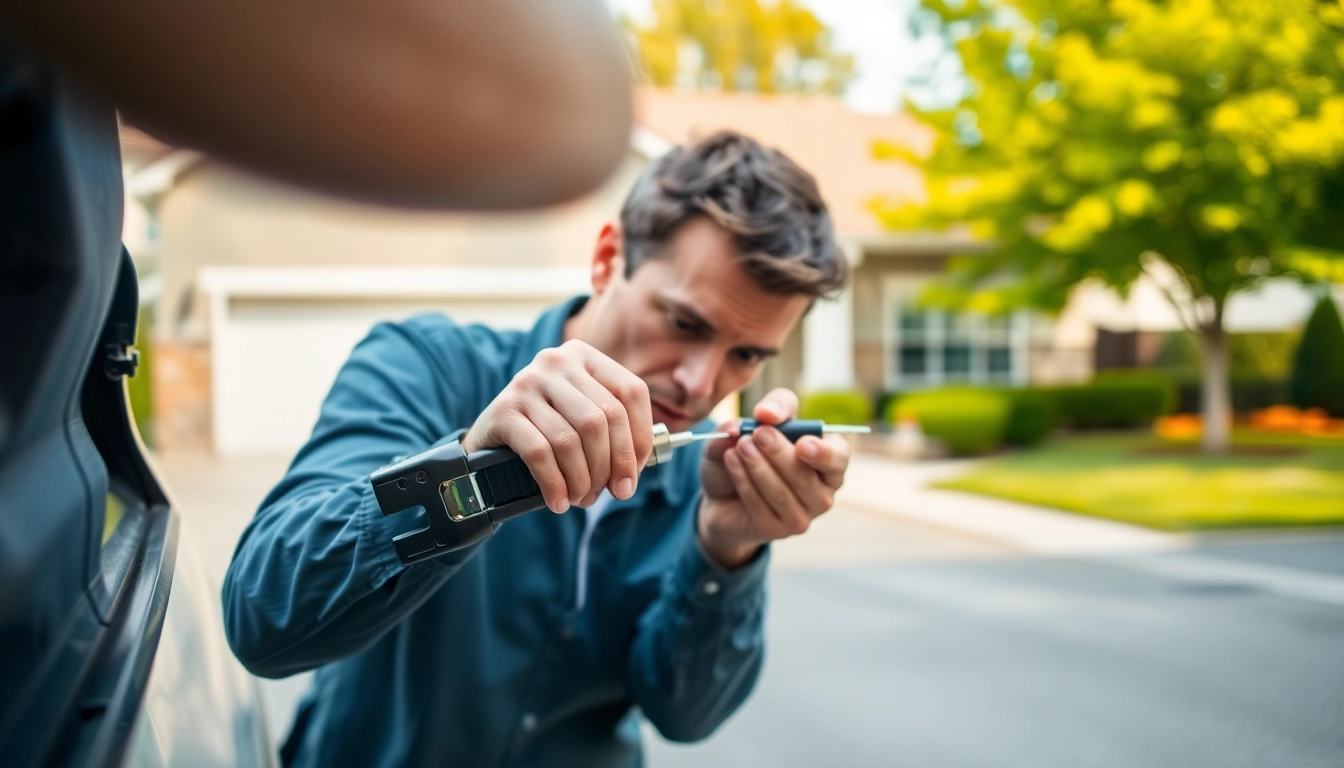Best locksmiths in Chesterfield, Missouri expertly working on a car lock in a suburban setting.