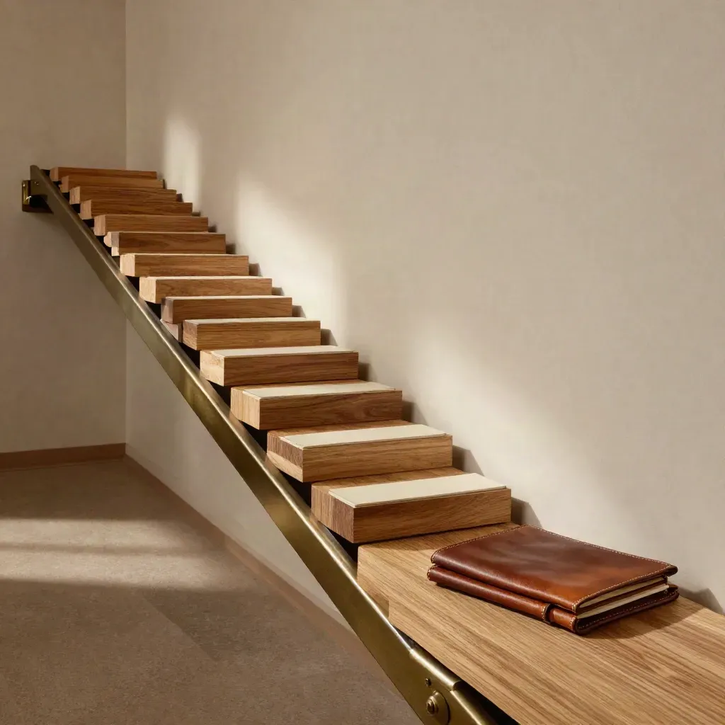 Monumental roadmap rail with wooden milestones and a leather portfolio on oak.