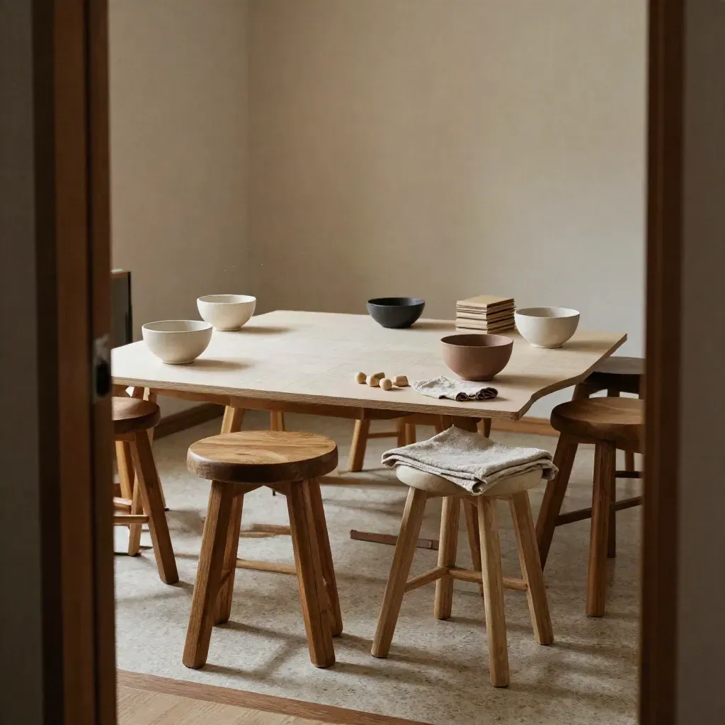 Workshop circle with stools, planning deck, marker bowls and sketch blocks in warm studio light