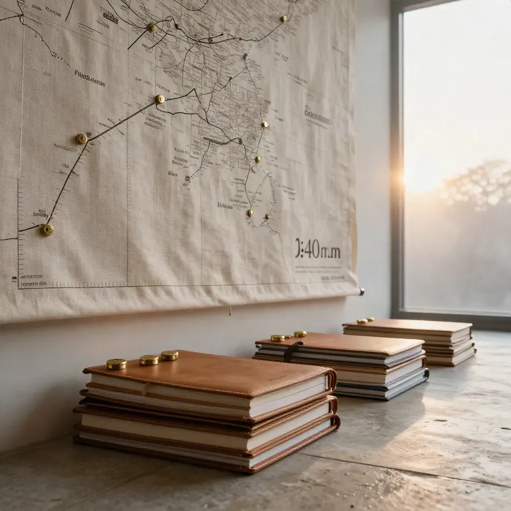 Sunlit coaching studio with linen roadmap wall, leather notebooks and brass tokens at dawn