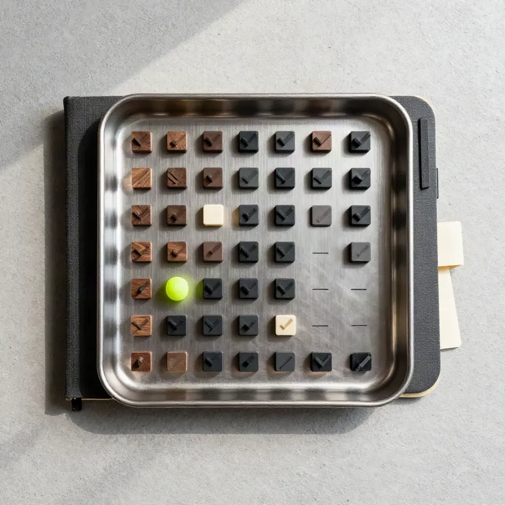 Overhead flatlay of tally tray, habit tokens, check pegs, and closed notebook on pale concrete.