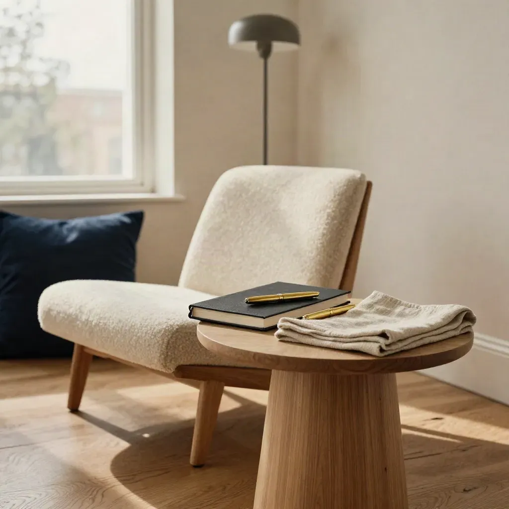Sunlit coaching corner with boucle chair, brass pen, linen throw and floor lamp in calm readiness.