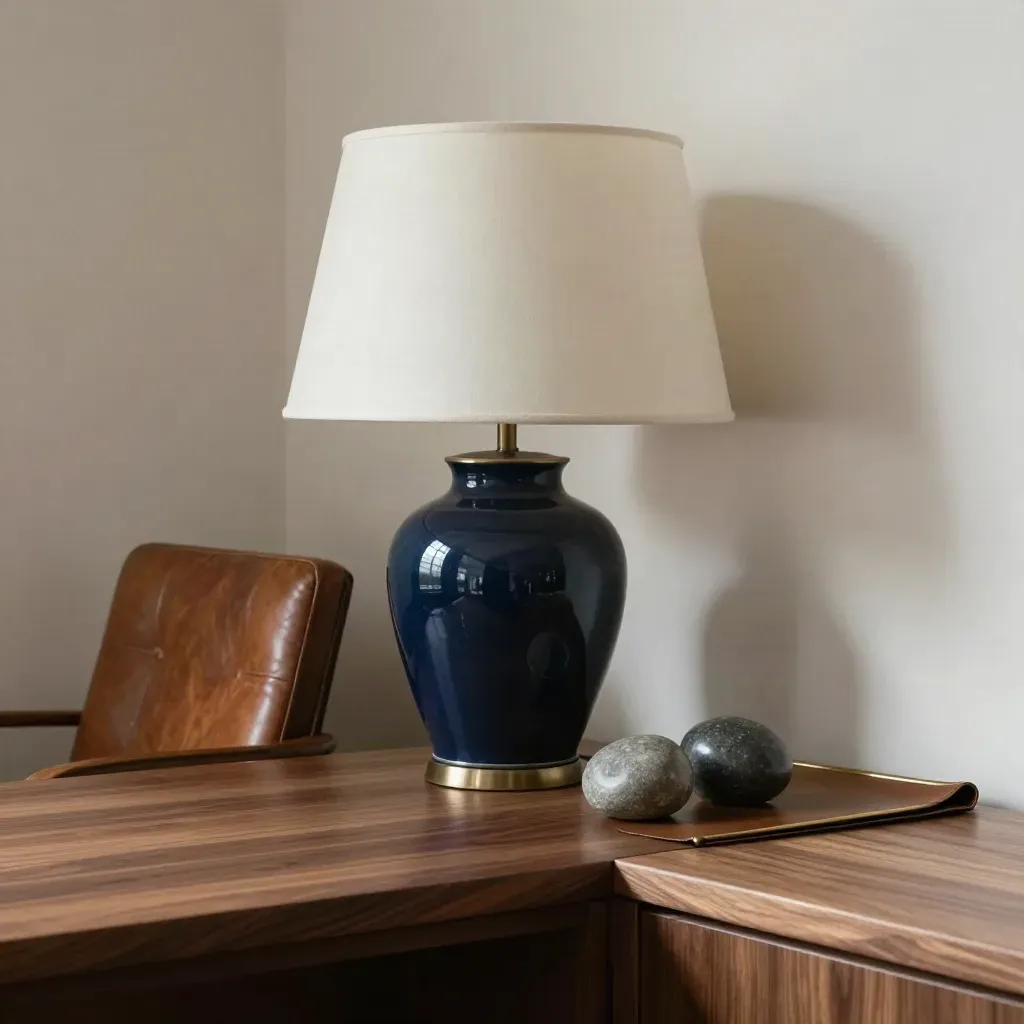 Quiet leadership coaching nook with navy lamp, leather chair back, and decision stones.