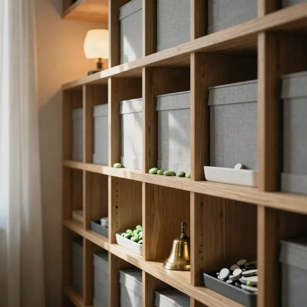 Neat project shelf with boxes, tokens, and a small bell in warm afternoon light.