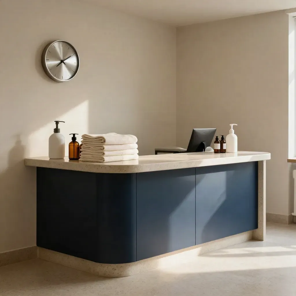 Pristine clinic reception corner with towels, amber bottles, a wall clock, and a polished counter.