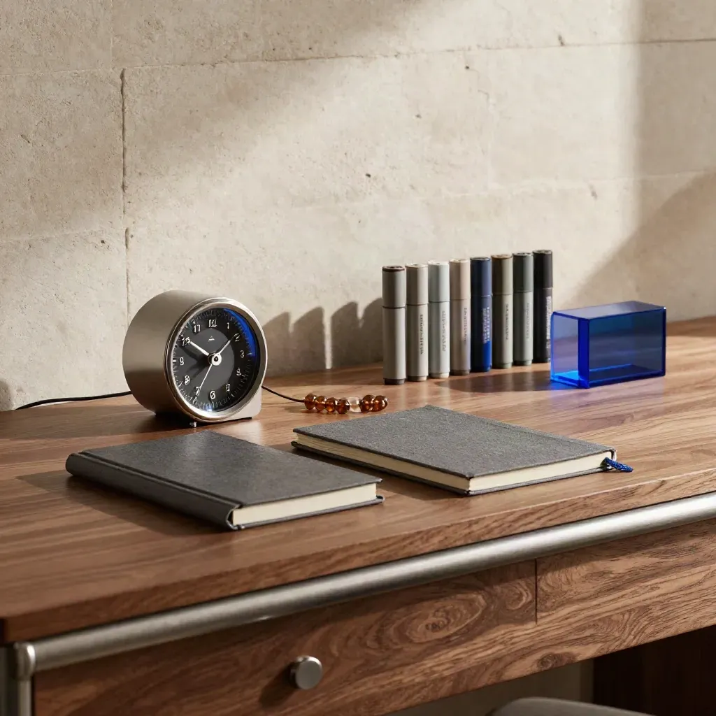 Sales tracking desk with timer, tally beads, notebook and marker caps in a modern studio.