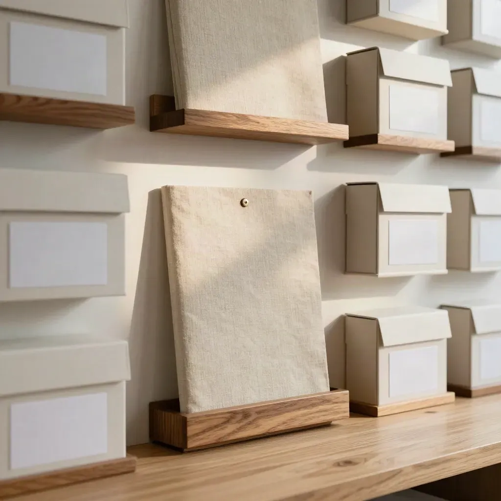 Warm planning wall with aligned boxes, blank tabs, and a linen folder in soft daylight.