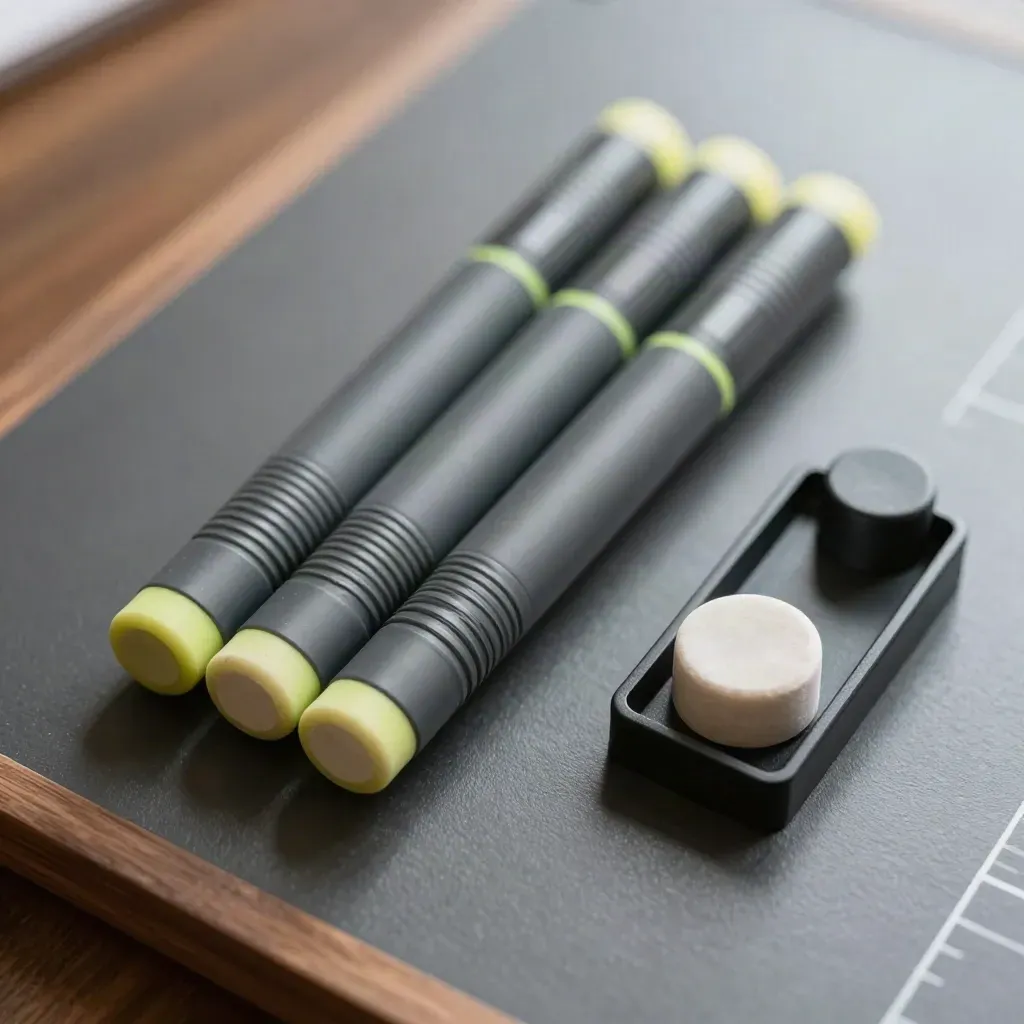 Macro of magnetic route markers, token tray and pale stone on a graphite planning board