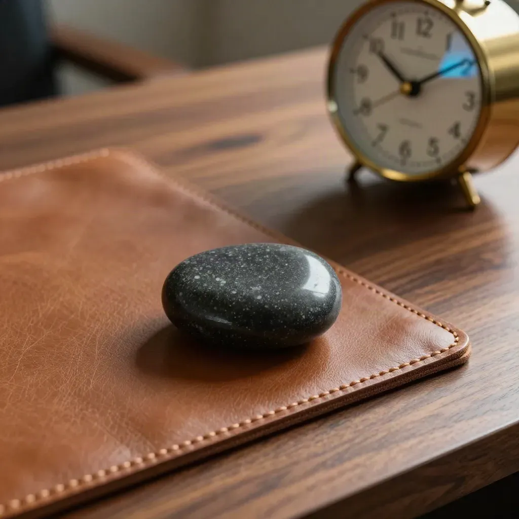 Leadership coach desk close-up with speaking stone, leather blotter, and brass clock.