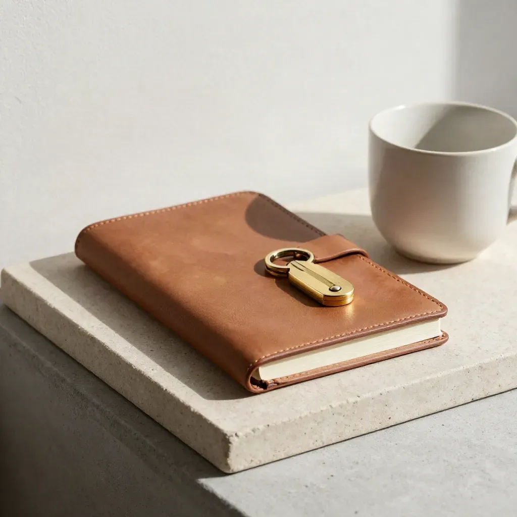 Leather notebook, brass key fob and ceramic cup on a pale stone tray in soft daylight.