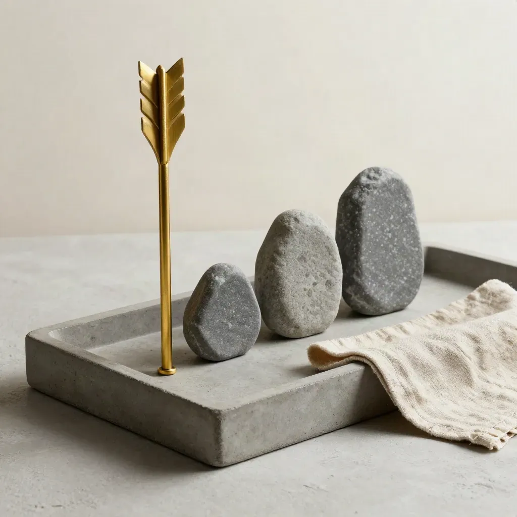 Brass arrow marker, three stones, and linen on a concrete tray in soft light.