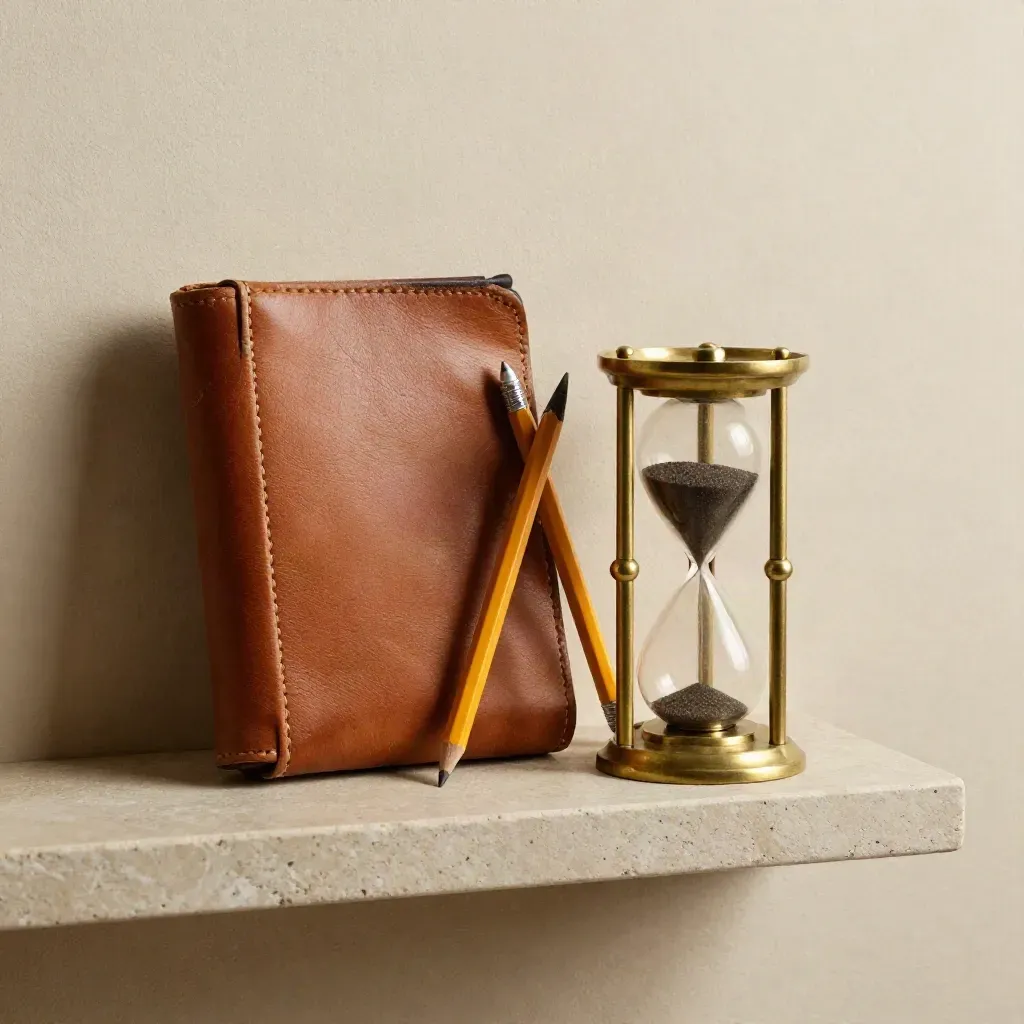 Brass hourglass, leather tracker, and pencil on a stone shelf in soft side light.