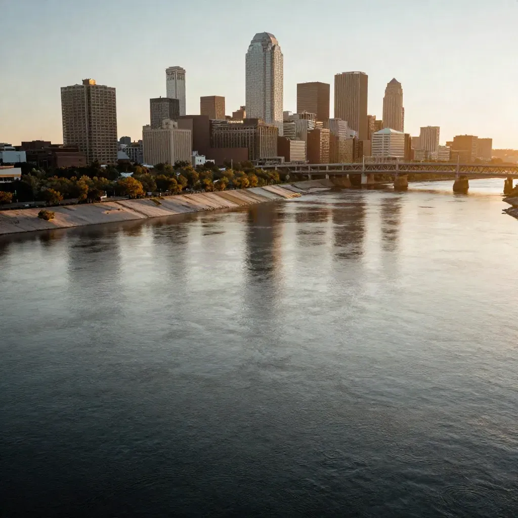 Austin skyline over a hazy river plain at blue hour, bridge and towers high in frame