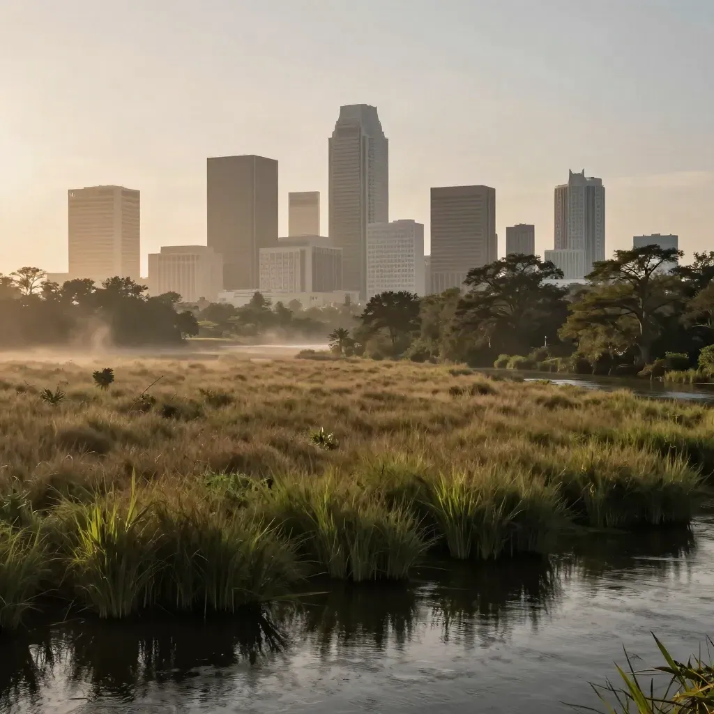 Houston skyline above humid bayou marsh at dusk, open calm water below.