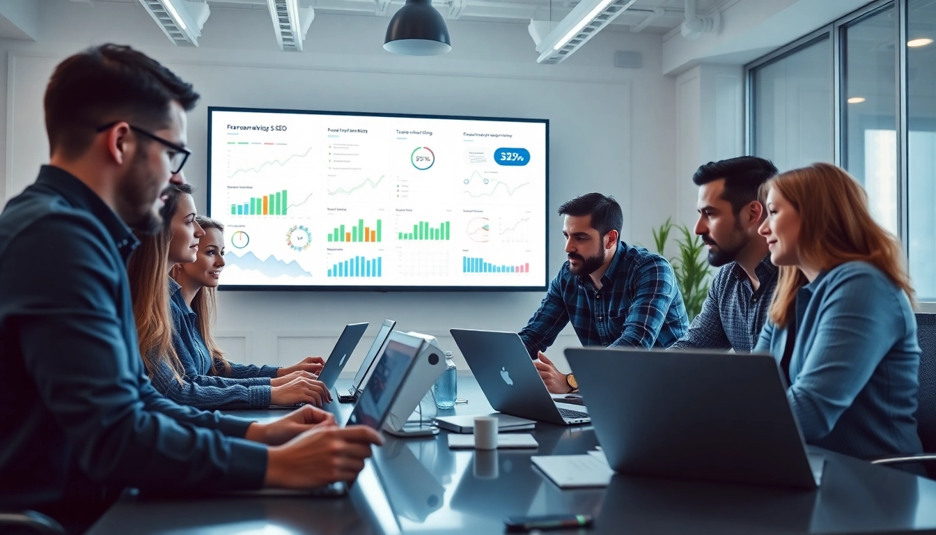 Collaborative team using an SEO Rank Tracker to analyze marketing data and strategies.
