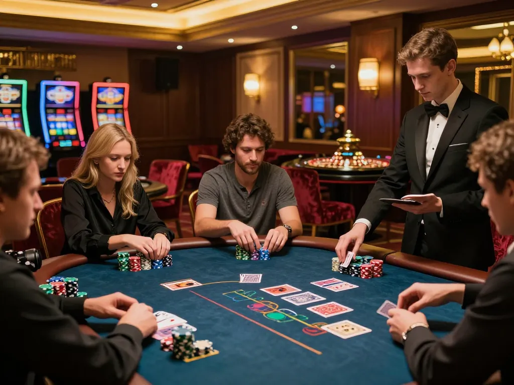 Experienced players engaging in a high-stakes poker game, highlighting strategic decisions and giường bệnh nhân references in the backdrop of a luxury casino.