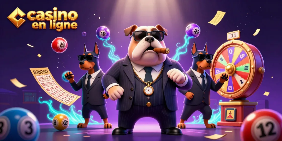 Jouez à des jeux variés au casino en ligne avec un bulldog mafieux et ses gardes, entouré d'éléments dynamiques.