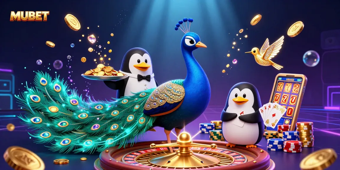 Engage with MUBET's exciting casino world featuring a vibrant scene of a peacock, a penguin, and a hummingbird amidst a flurry of gaming excitement.