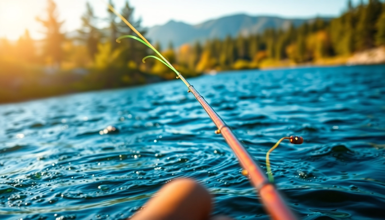 Fly fishing line gracefully cast over a serene river, showcasing vibrant colors and outdoor tranquility.