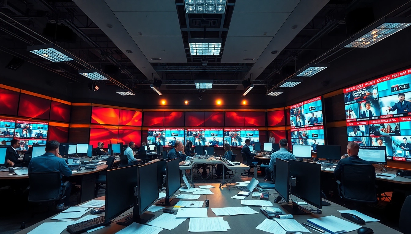 Dynamic newsroom environment highlights journalists collaborating on news stories.