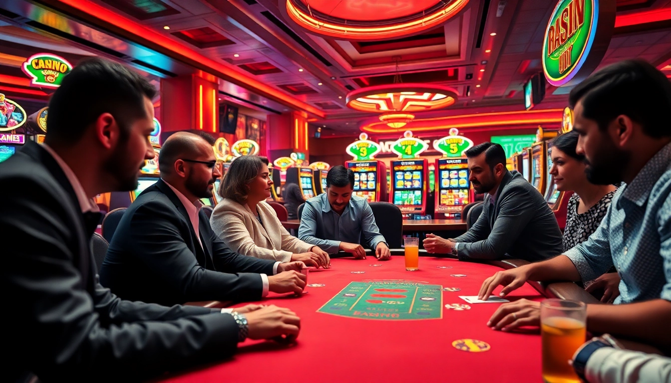 Pengunjung di www.agencetitan.com/en/ menikmati pengalaman casino dengan permainan kartu dan mesin slot.